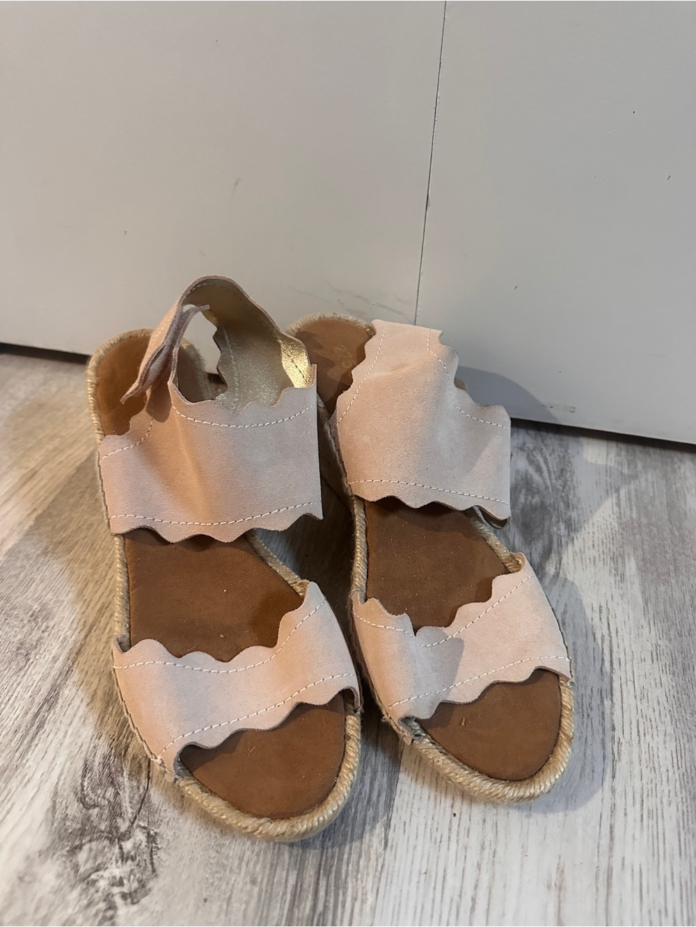 275 Central Scalloped Double-Strap Espadrille Wedge Sandals in Blush